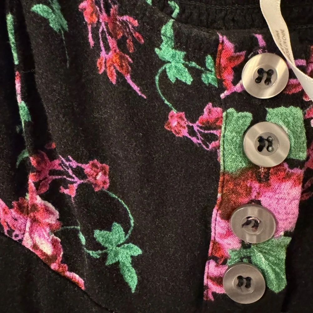 Free People Black Floral Blouse with Button Accents